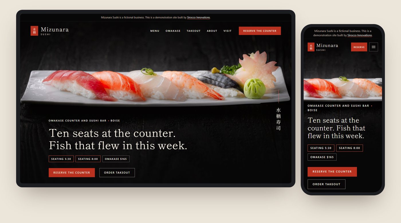 The Mizunara Sushi demo home page shown on a laptop and a phone