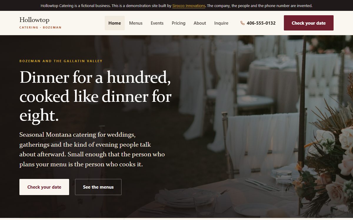 The Hollowtop Catering home page, a warm dark hero showing a laid wedding table
