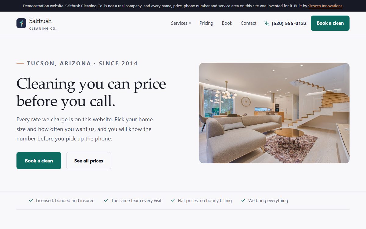 The Saltbush Cleaning home page, a bright living room photograph beside the headline