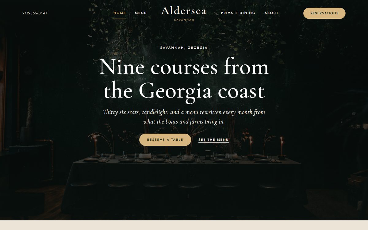 The Aldersea home page, a candlelit dining room with the name centered above a reserve a table button