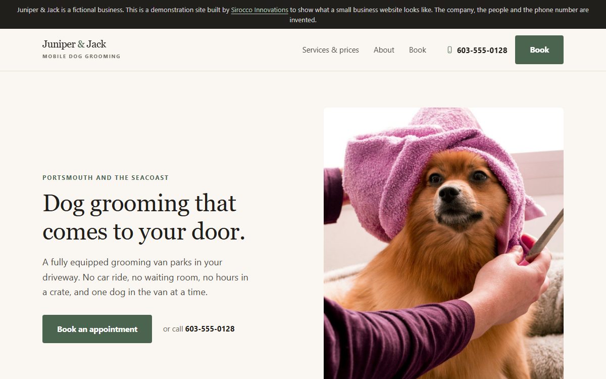 The Juniper and Jack home page, a dog being groomed in a towel beside the headline