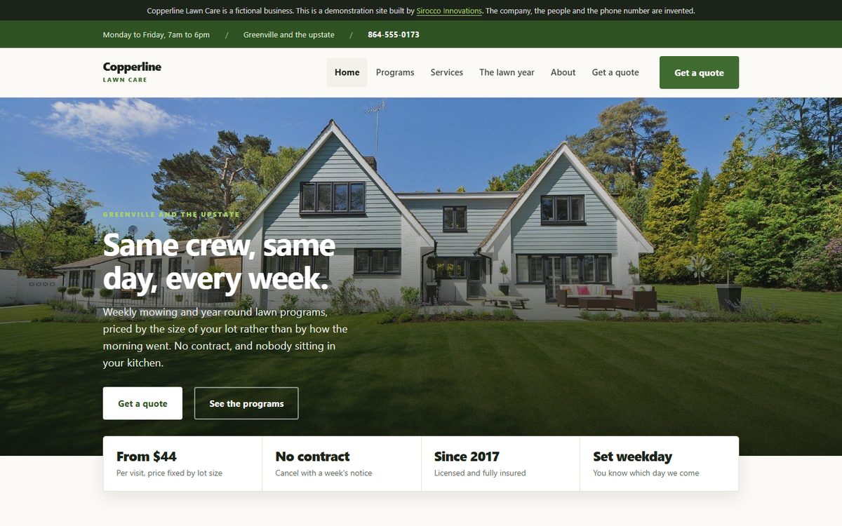 The Copperline Lawn Care home page, a photograph of a mown lawn with a row of facts beneath it