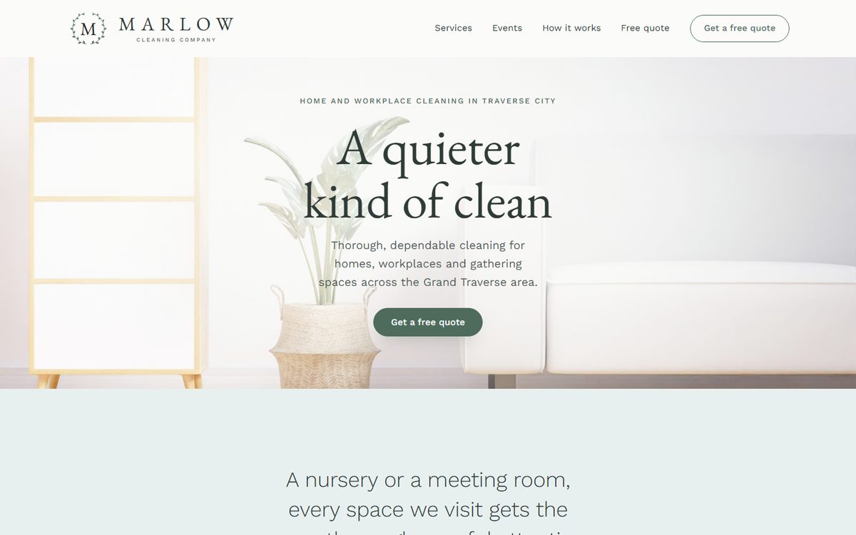 The Marlow Cleaning Co. home page, a bright white room with a soft sofa and a plant beside the headline A quieter kind of clean