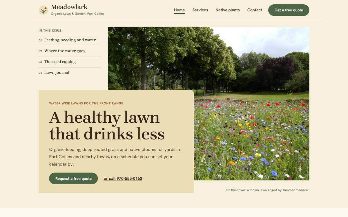 The Meadowlark Organic Lawn and Garden home page, a wildflower meadow photo beside the headline A healthy lawn that drinks less