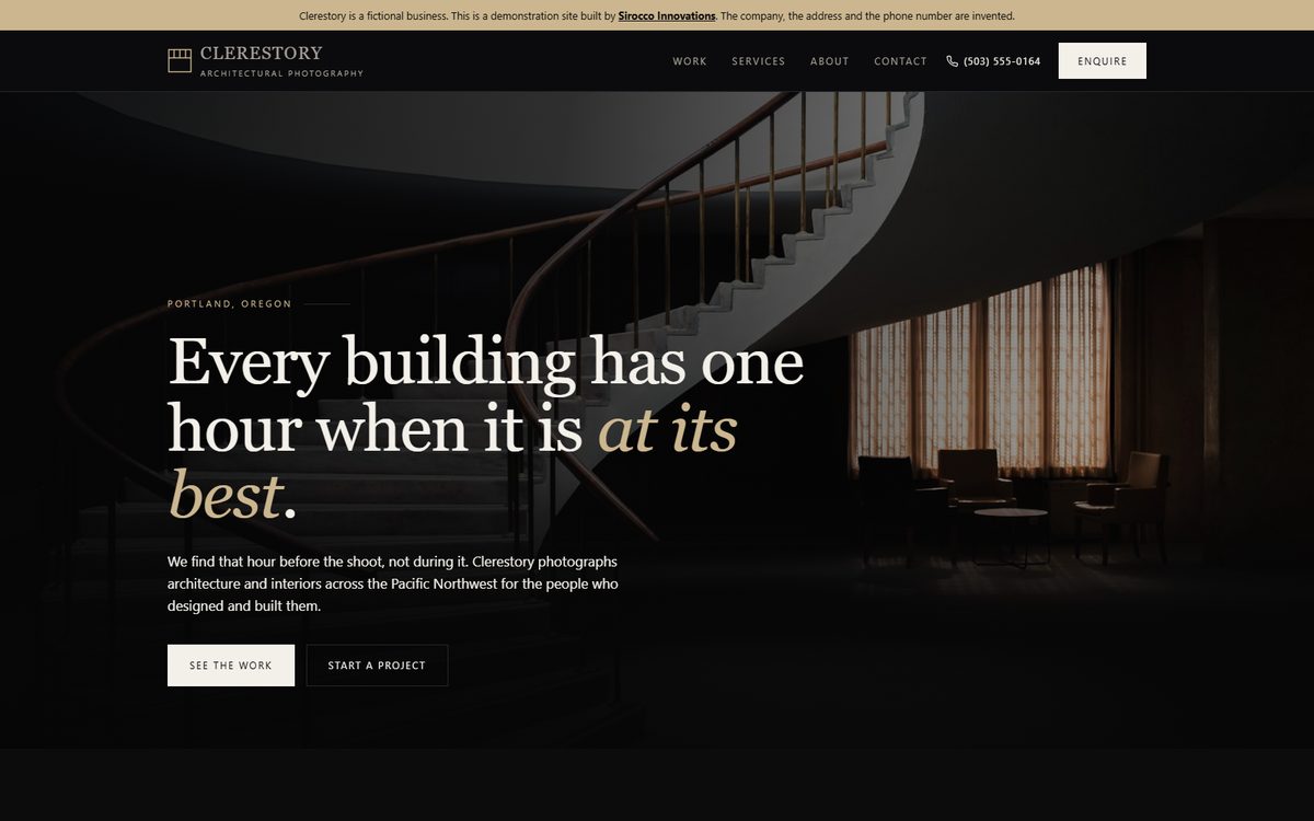 The Clerestory home page, a dark hero showing a curved architectural staircase