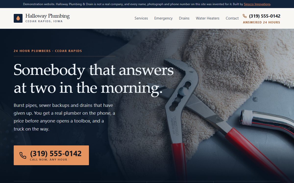 The Halloway Plumbing home page, a dark hero with a wrench and a large phone number