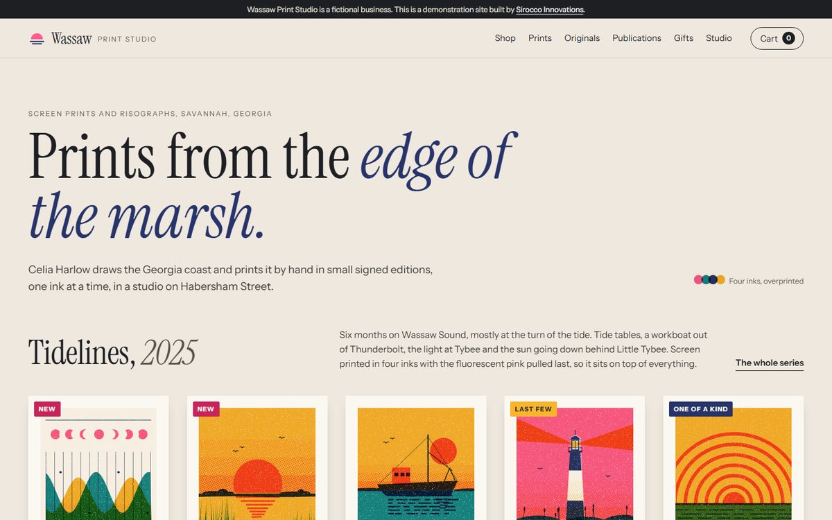 The Wassaw Print Studio home page, the headline Prints from the edge of the marsh above a row of colorful coastal screen prints