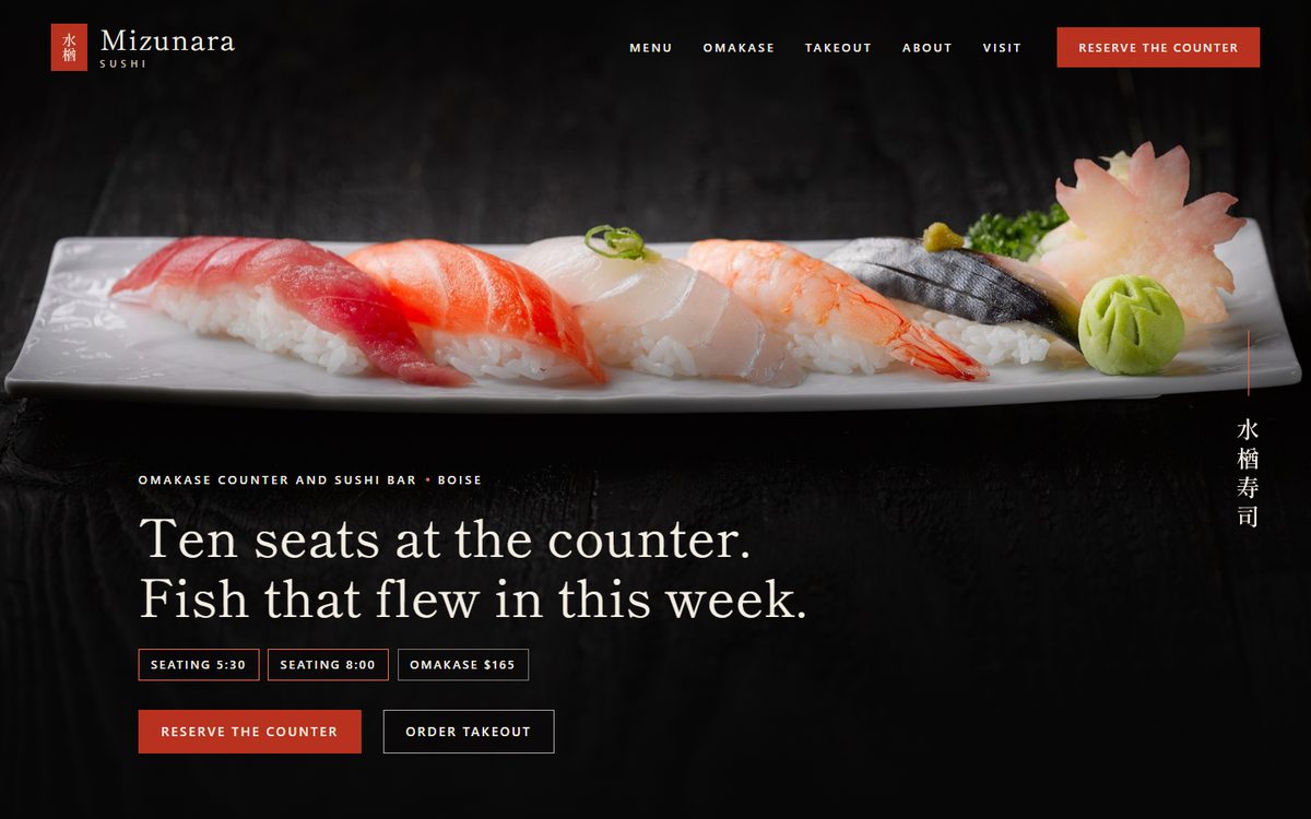 The Mizunara Sushi home page, a dark counter of nigiri beside the words Ten seats at the counter