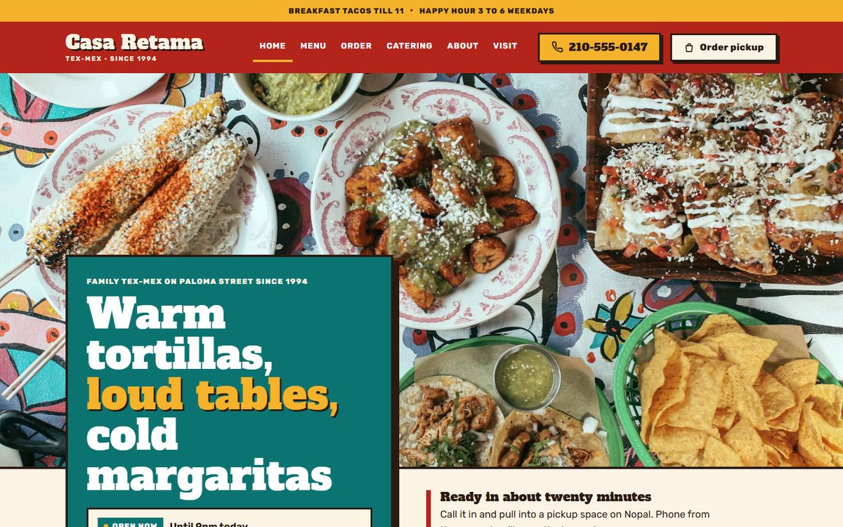 The Casa Retama home page, a table of tacos and chips under the headline Warm tortillas, loud tables, cold margaritas